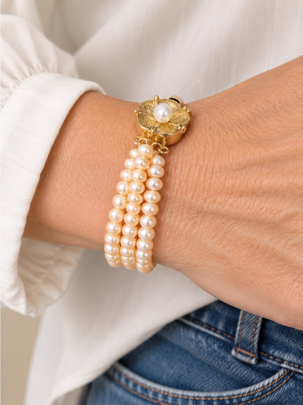 Vintage Three-Strand Freshwater Pearl Bracelet with Gold-Tone Floral Clasp